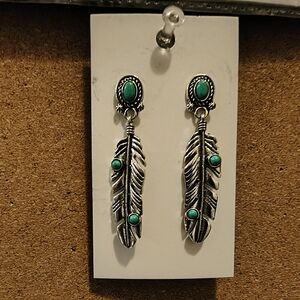 Silver Feather Earrings with Turquoise Accents